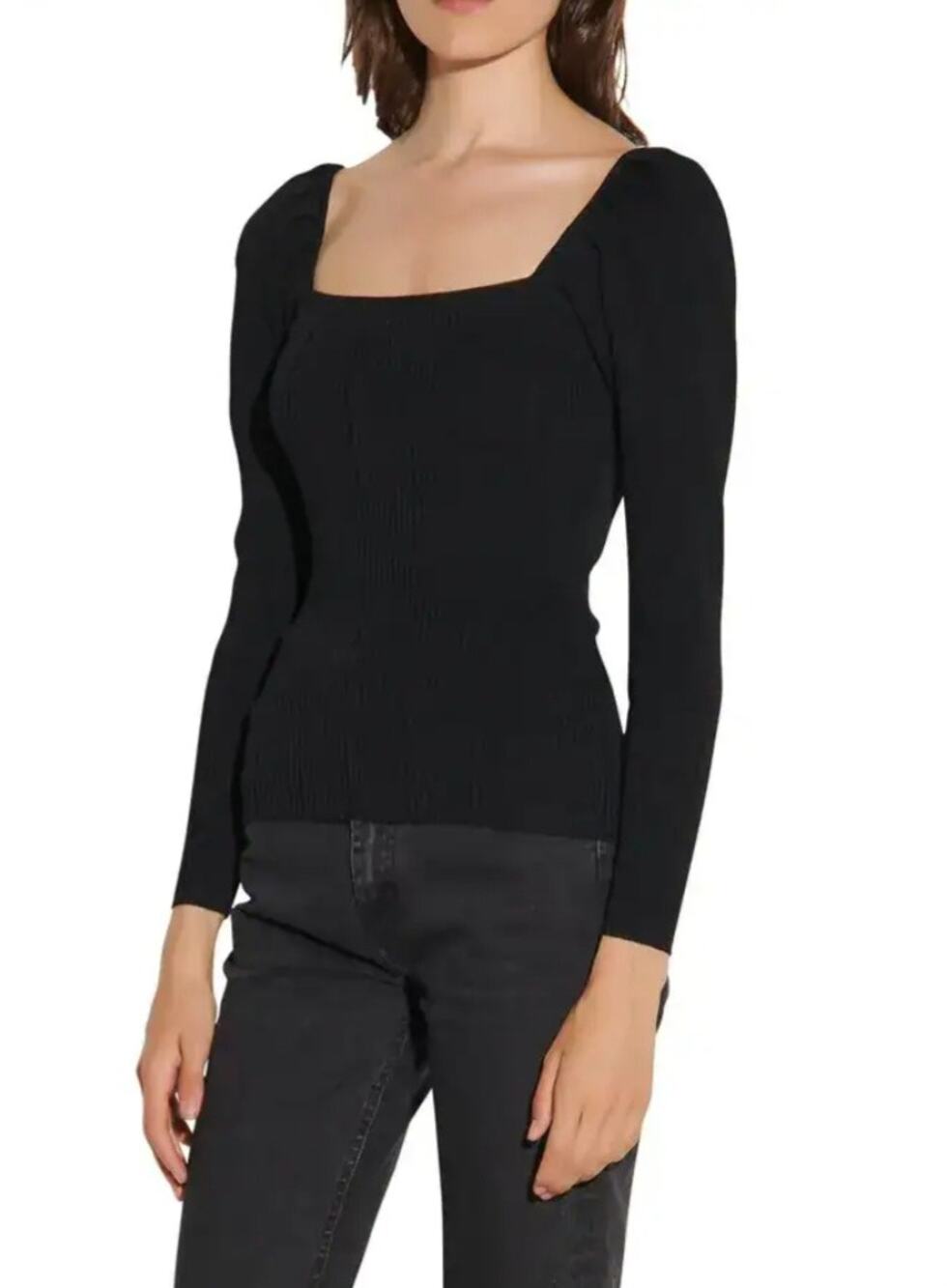 Sandro Paris Ribbed Square Neck Long Sleeve Top Black Size 1 / US Small